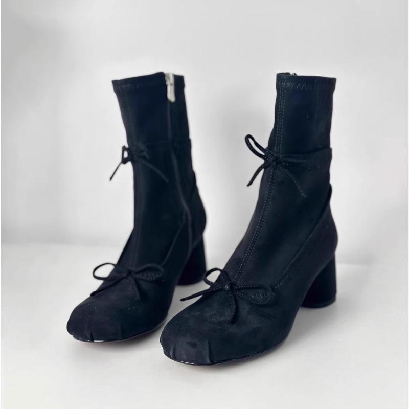 Fashion Niche Design Suede Skinny Boots Women's 2025 New Bow Block Heel Side Zipper Small Booties