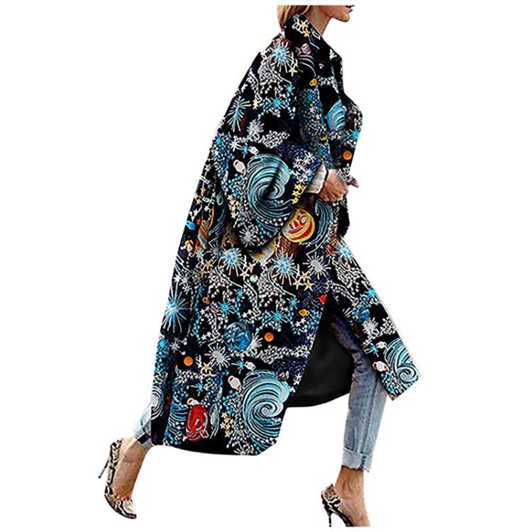 Women Fashion Printed Trench Coat Long Outerwear Cardigan Pocket Jacket Overcoat