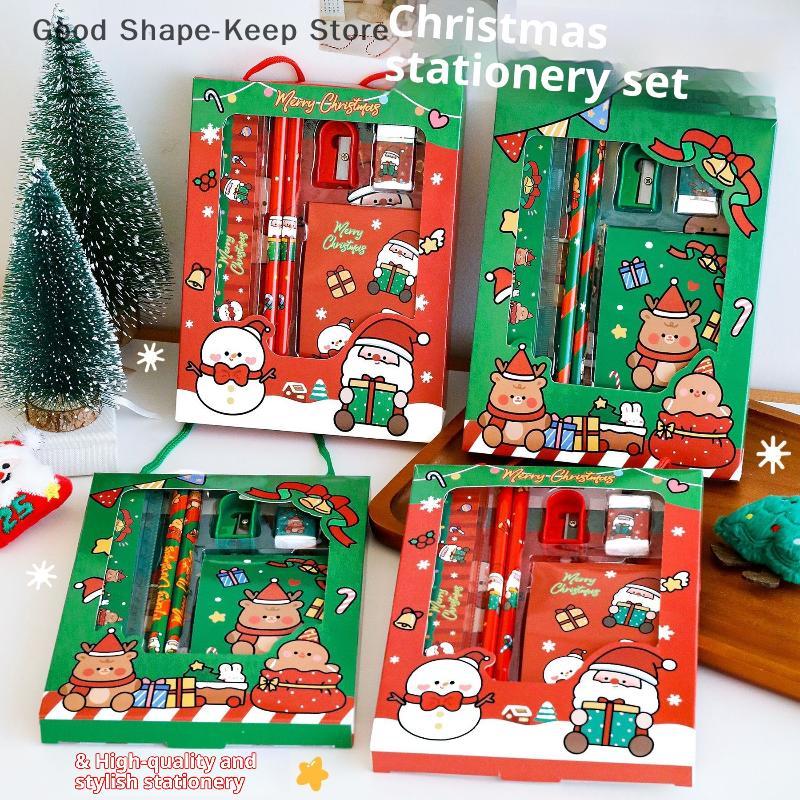 6Pcs/set Cartoon Christmas Kawaii Children Stationery Set Pencil Sharpener Erasers Pencils Rulers School Stationery Supplies