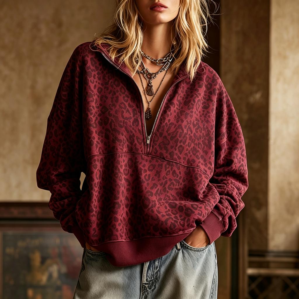 TIFICY Women's Fashion Casual Leopard Print Spring Fall Long Sleeve POLO Neck Pullovers & Long Sleeves