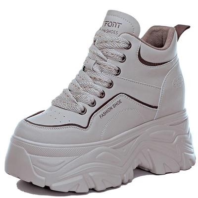 Moda Nova 8 cm Natural Couro Genuíno Cano Alto Sapatos Femininos Plataforma Cunha Botas de Cano Baixo Salto Oculto Inverno Outono Tênis de Pelúcia Quente