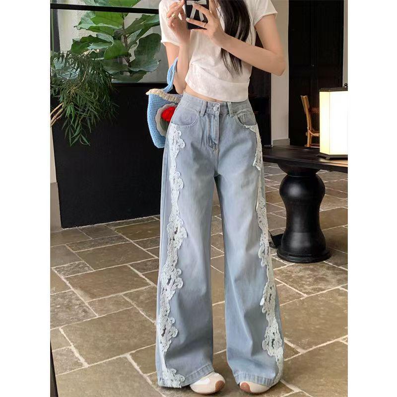 

2026 Lace Patchwork High-Waisted Wide-Leg Denim Pants for Spring and Autumn XL (57-65 kg) синій