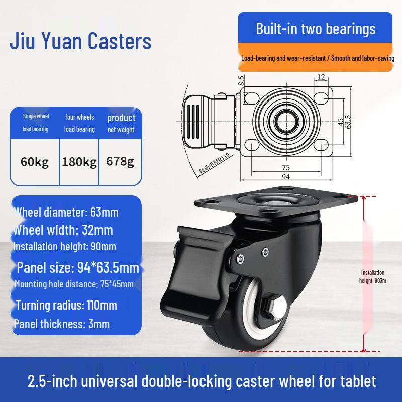 Black Heavy-Duty Swivel Casters with Brakes for Furniture, Cabinets & Industrial Use, Double Bearing Wheels