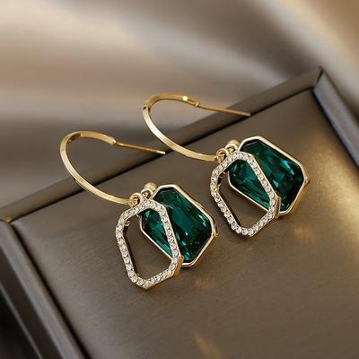 Crystal Green Earrings for Women Square Geometric Statement Party Wedding Bridal Fashion Jewelry Hanging Swings Earrings