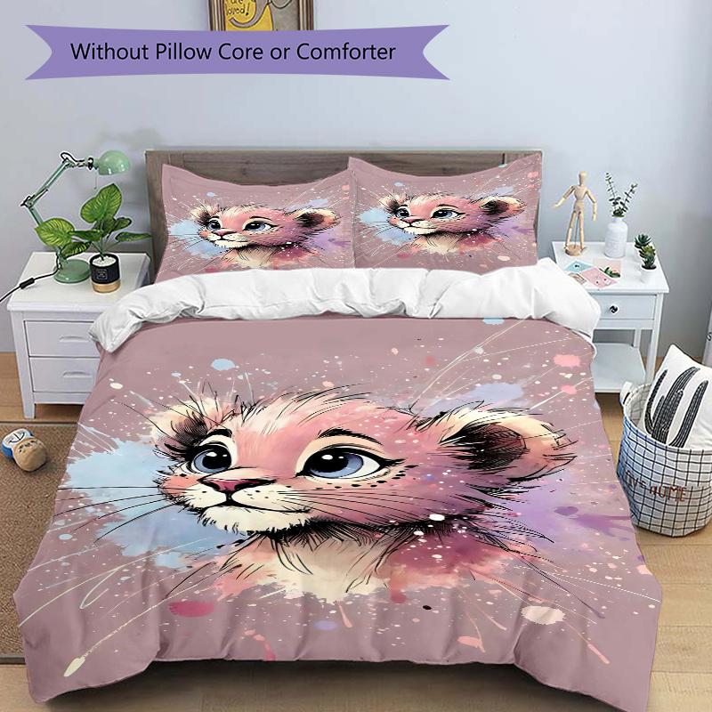 

3pcs Pink Little Lion Bedding Set - Includes 1 Quilt Cover and 2 Pillowcases, Comfortable Bedding with Stylish Design for Bedroom, Machine W 135cm*200cm