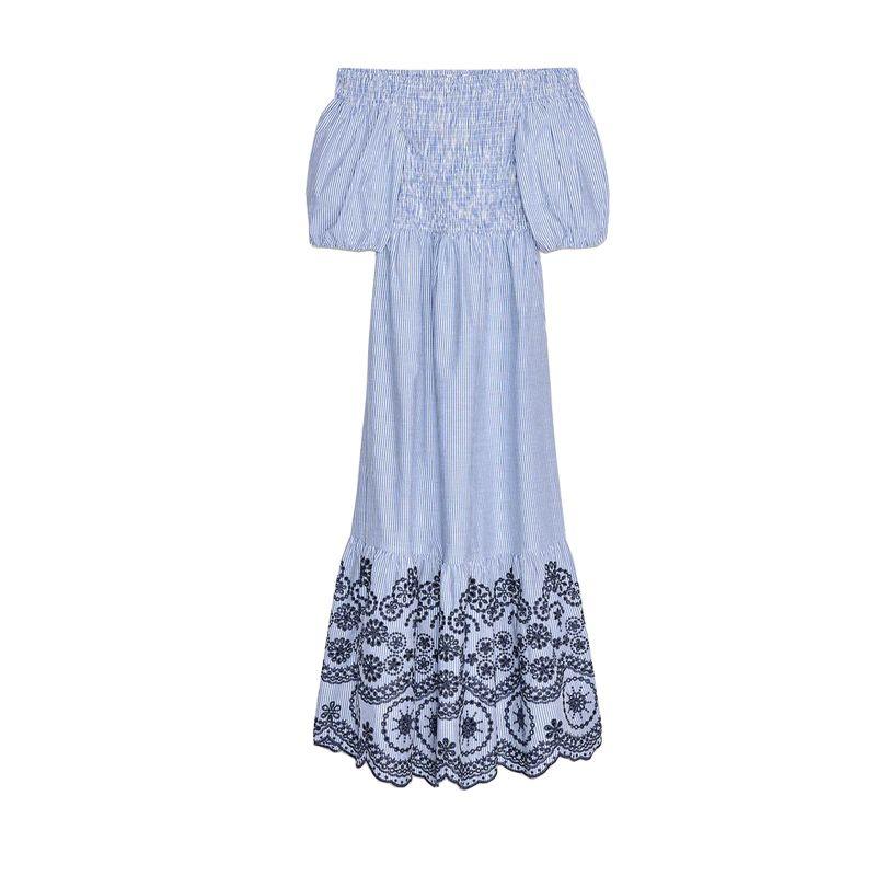 

Summer Women clothes Honeycomb Lattice Elastic Design Embroidery Stripe off-the-Shoulder Straight Collar Midi Dress 3295889 Blue L