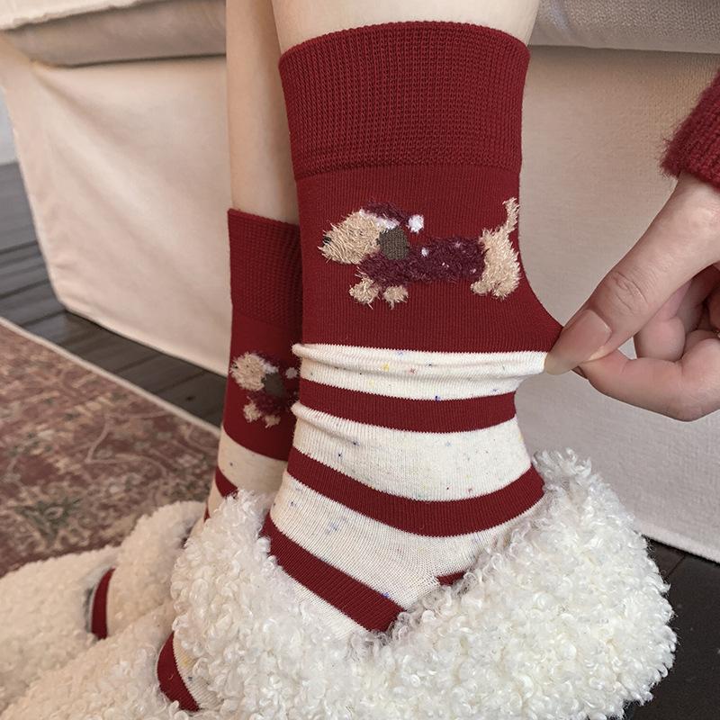 Berry Red Series Socks Season Korean Bear Versatile Stacking Socks New Year'S Socks