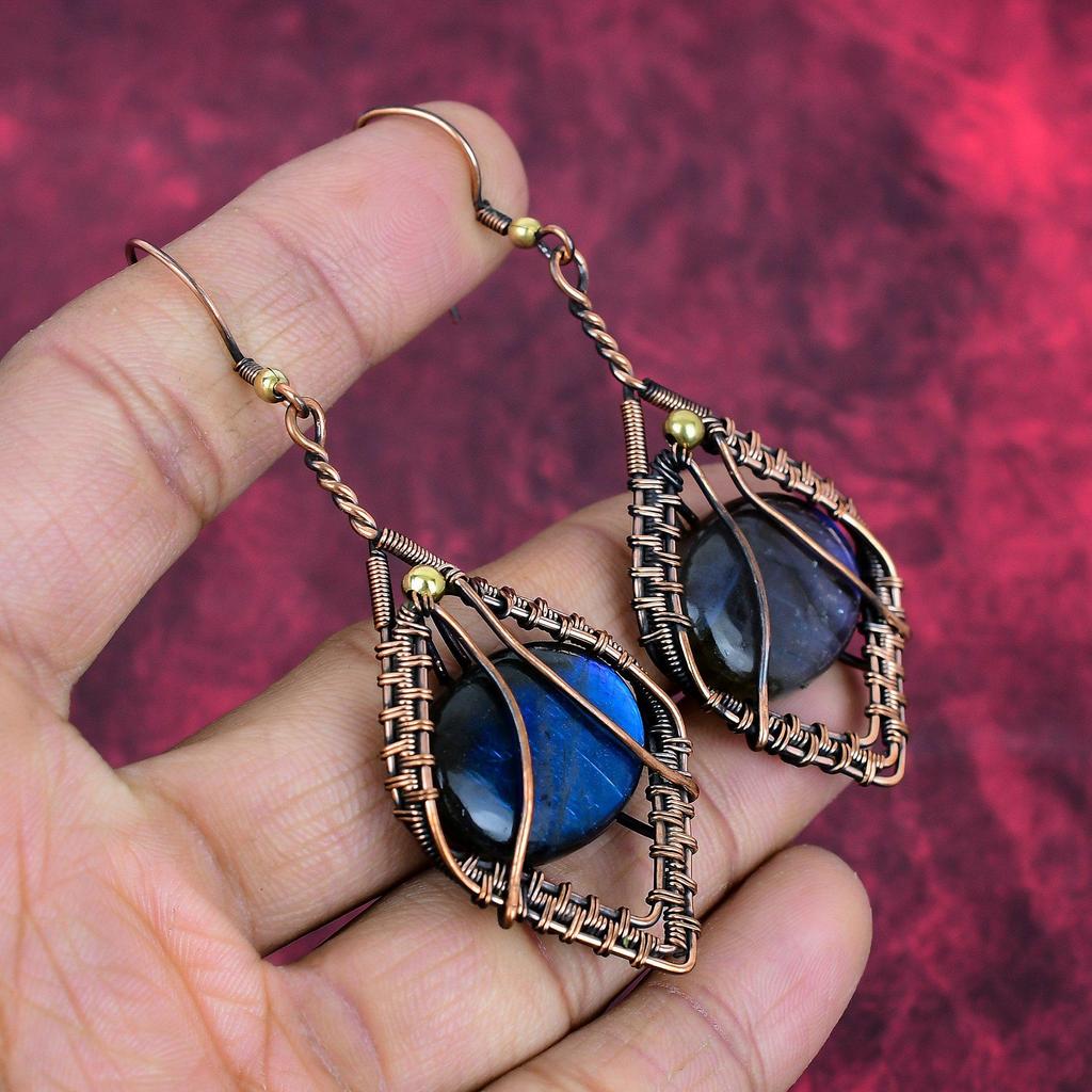 Brinco de Labradorita brincos enrolados em fio de cobre joias de cobre decentes brinco feito à mão joias enroladas em fio presentes de casamento brincos de pedra preciosa