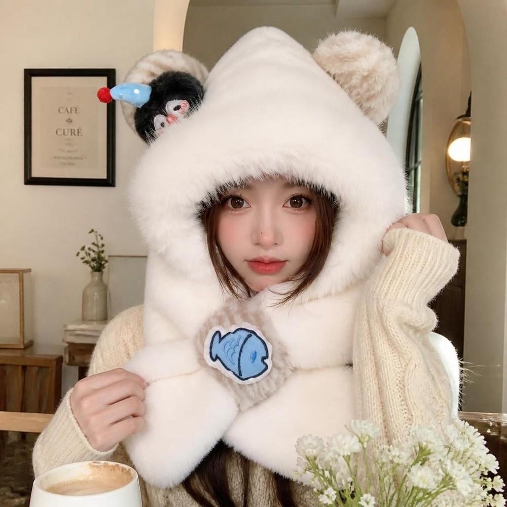 Polyester Material Winter Balaclava Windproof Hooded Scarf Set Warm Penguin Plush Hat For Students