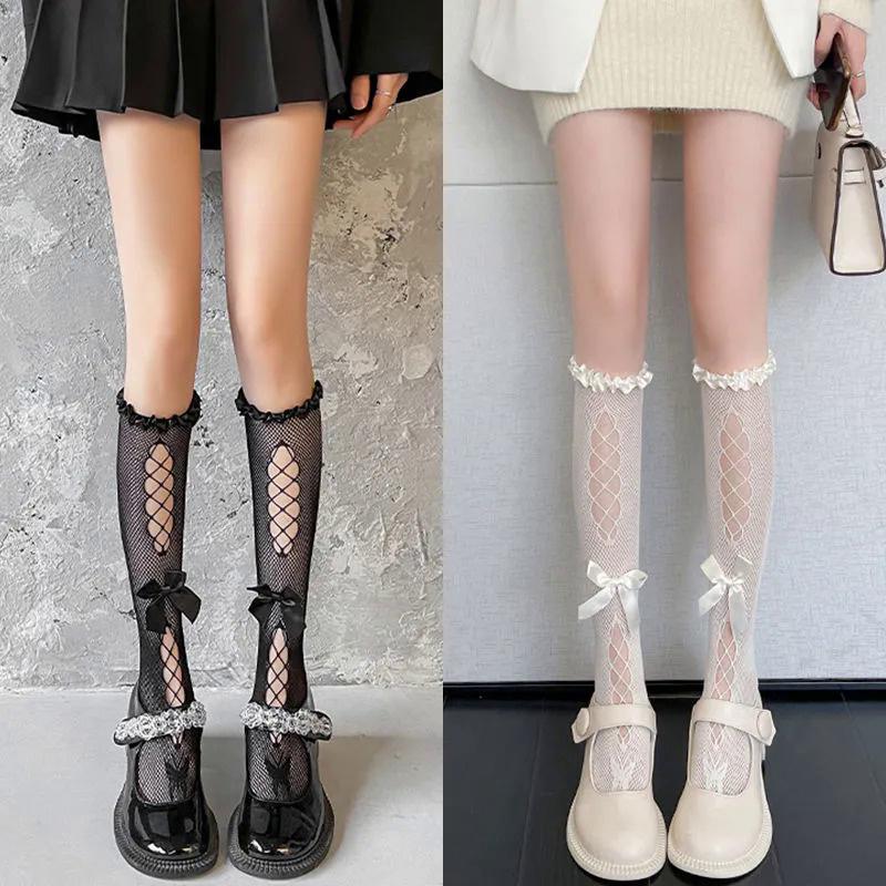 Bow Lace Hollow Out Cute Lolita Jk Sexy Fishnet Knee-High Stockings For Women