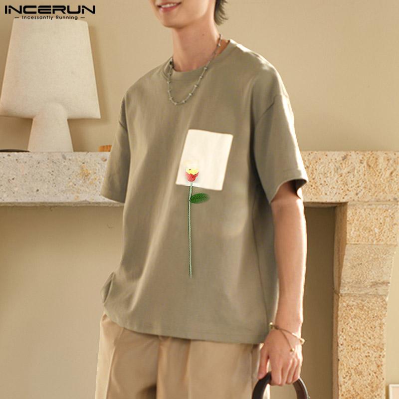 INCERUN Oversized Summer Men O Neck Short Sleeve Crochet Stitching Casual T-Shirts Tops