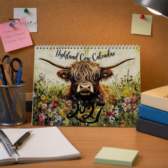 Ink Proof Planner Highland Cow Calendar 2027, 12 Month Wall Hanging with Yearly Event Tracker Large Daily Blocks, Home Office Organizer, Lover