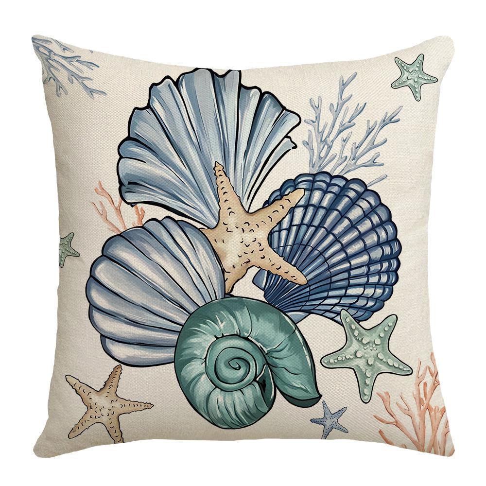 Spring New Printed Pillow Linen Sofa Pillow Case Letter Marine Life Blue Pillow Case