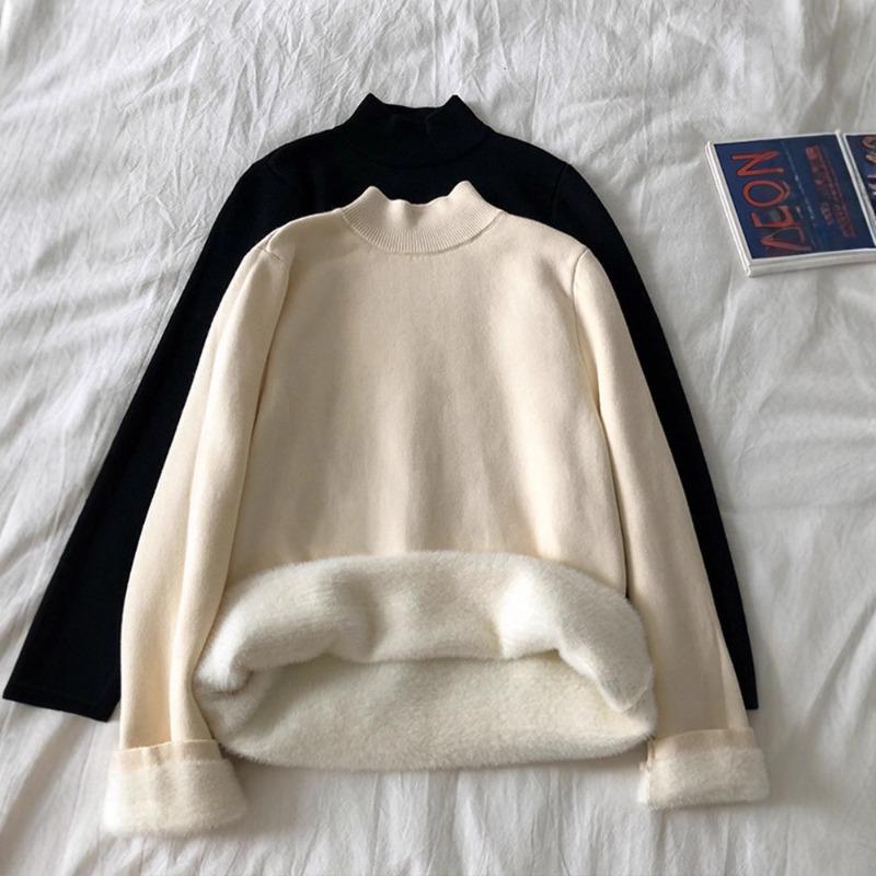 Autumn and Winter New Semi-turtleneck Fleece Sweater Bottoming Shirt Women's Integrated Fleece Thickened, Warm and Slim, Knitted Inside