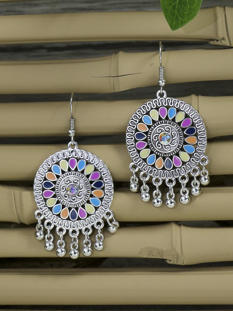 Bohemian Style Earring Necklace Set with Retro Ethnic Style Inlaid Multi-color Zircons for Women's Set
