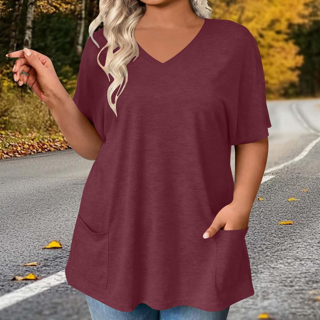 Stylish Women's Color V-neck Pocket Casual Versatile Fashion T-shirt Top