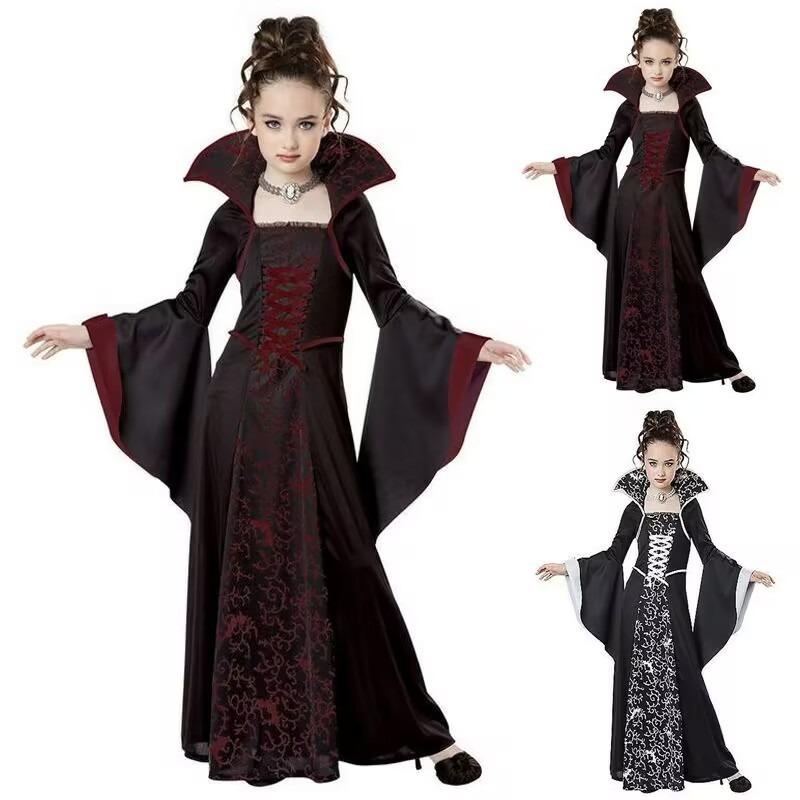 2026 New Halloween Kids Costume Mid-Century Vintage Lace-up Stand-up Collar Flared Sleeve Print Long Skirt Witch Costume