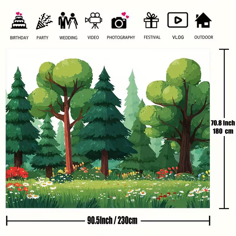 2D Flat Printing Cartoon Forest Tapestry, Featuring Round and Pine Trees with Wildflowers on a Bright Meadow
