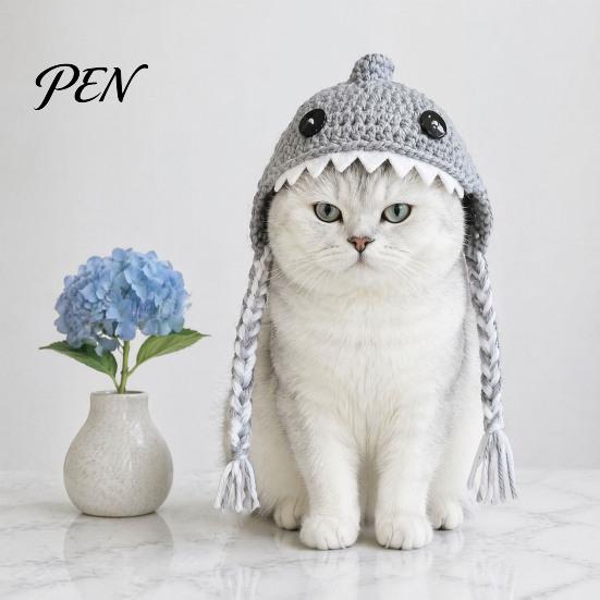 Pet Daily Fun Headband Funny Shark Cat Hat, Crocheted Hat with Braided Animal Shaped Dog Straps, Soft Cute Knitted for Cats Small Dogs Photography