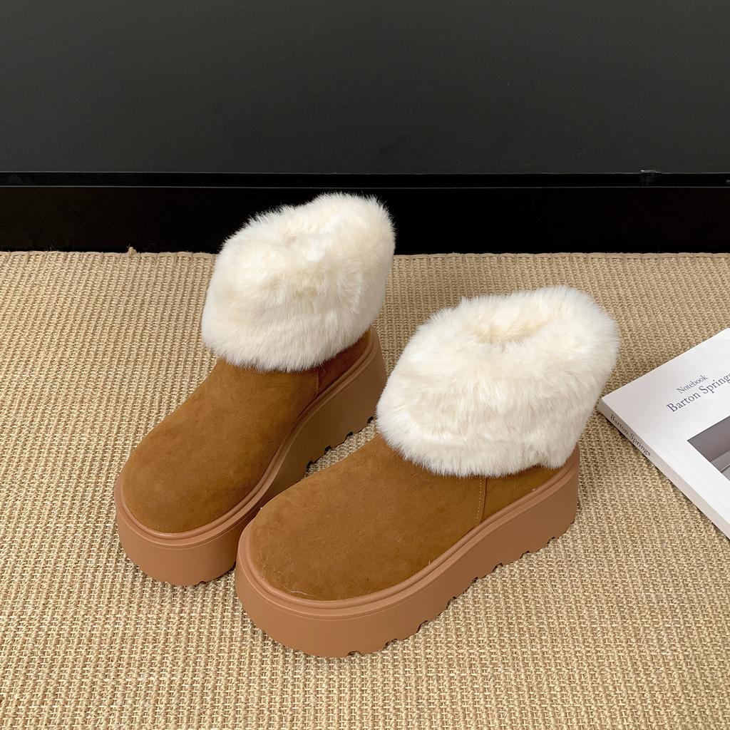 Vintage Plateauabsätze Damen Pelz Schneestiefel Komfort Höhenerhöhung Warmhalten Baumwolle Kurze Stiefeletten Winter Damen Plüschschuhe