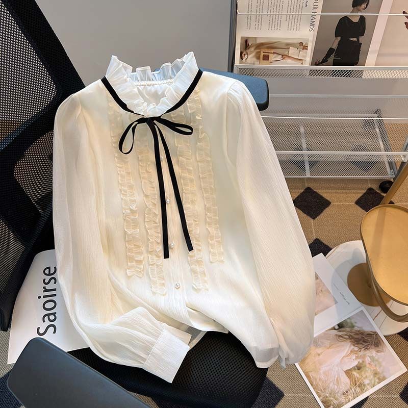 

Ouxue ~ Популярный бестселлер! Блузки из шифона с деревянными пуговицами в дворцовом стиле для женщин, осенняя нарядная шикарная красивая рубашка Apricot color S