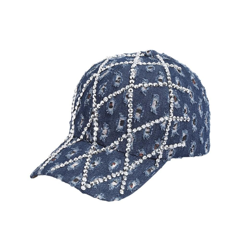 Dżinsowa czapka z daszkiem z cyrkoniami, Błyszcząca siatka z diamentami, Zniszczona czapka typu trucker dla kobiet