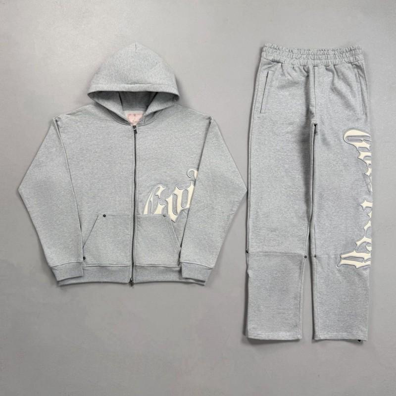 Mens Streetwear Hooded Zip-Up Sweatshirt Set Gray Black Solid Color Cotton Fleece Tracksuit Fall