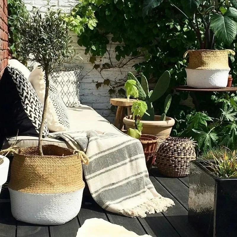 Foldable Rattan Grass Handmade Bamboo Storage Basket Laundry Grass Patchwork Wicker Rattan Seagrass Belly Garden Flower Pot