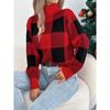 Women European Style Contrast Color Plaid High Neck Long Lantern Sleeve Pullover Sweater
