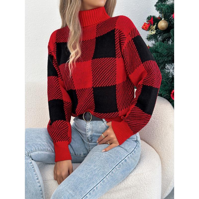 Women European Style Contrast Color Plaid High Neck Long Lantern Sleeve Pullover Sweater