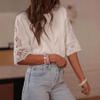 Summer New Hollow Lace Trim Batwing Shirt, Elegant Crew Neck Elbow Sleeve Blouse for Women European American Style