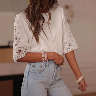Summer New Hollow Lace Trim Batwing Shirt, Elegant Crew Neck Elbow Sleeve Blouse for Women European American Style