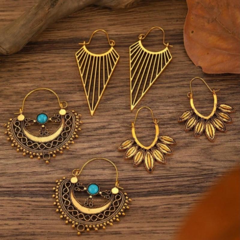Vintage Boho Hollow Floral Hoop Earrings for Women Geometric Retro Earring Party Jewelry Gifts