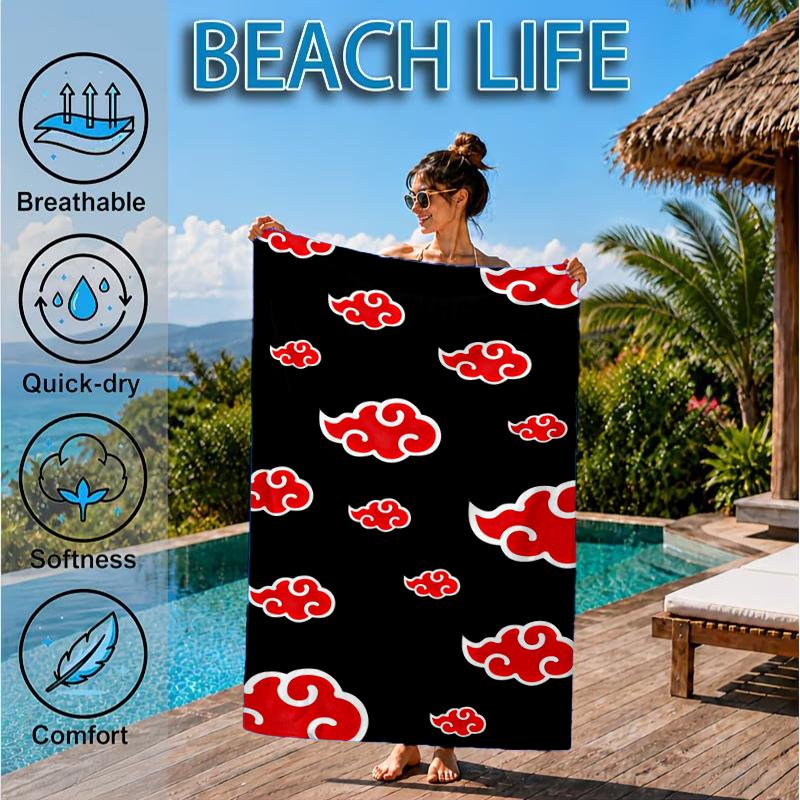 Anime Red Clouds On Black Background Beach Towel, Microfiber Beach Towel, Perfect For Pool, Beach, Travel, Home Decor Beach Party Fan Gifts