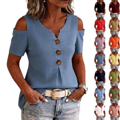 Damen V-Ausschnitt Leinen Baumwolle Knopfleiste Kurzarm Cold Shoulder Bluse Lockere Passform Lässiges Oberteil für den täglichen Gebrauch im Büro