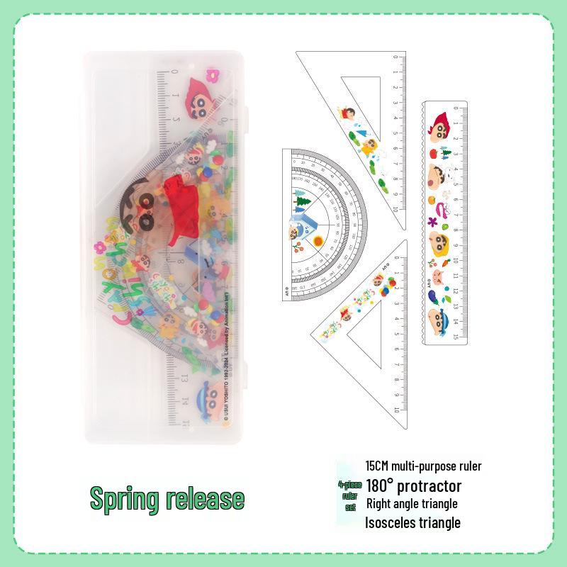 Crayon Shin-chan Official 4-Piece Student Ruler Set - Cartoon Drawing Stationery with Multifunctional Straight Ruler. 15cm