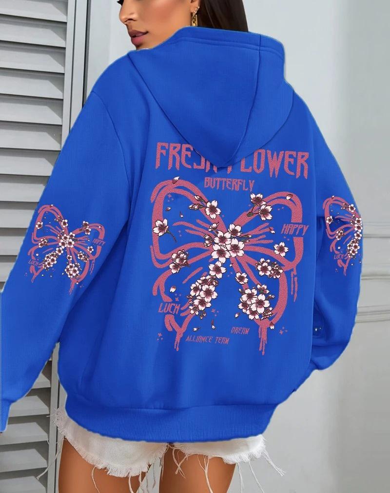 Fresh Butterfly Print Women's Hooded Sweatshirt - Autumn Loose Casual Fleece Pullover with Pockets.