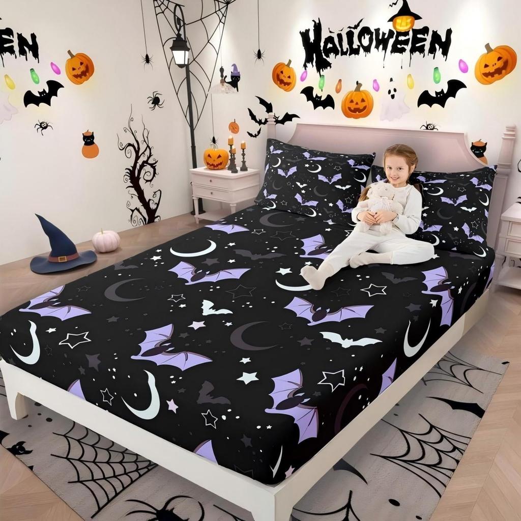 Gothic Spooky Bedding Set Pumpkin Lantern Cute Halloween Bed Sheets for Kids Boys Teens,Ghost Spiderwebs Fitted Sheet Black Cat Cobwebs Bats