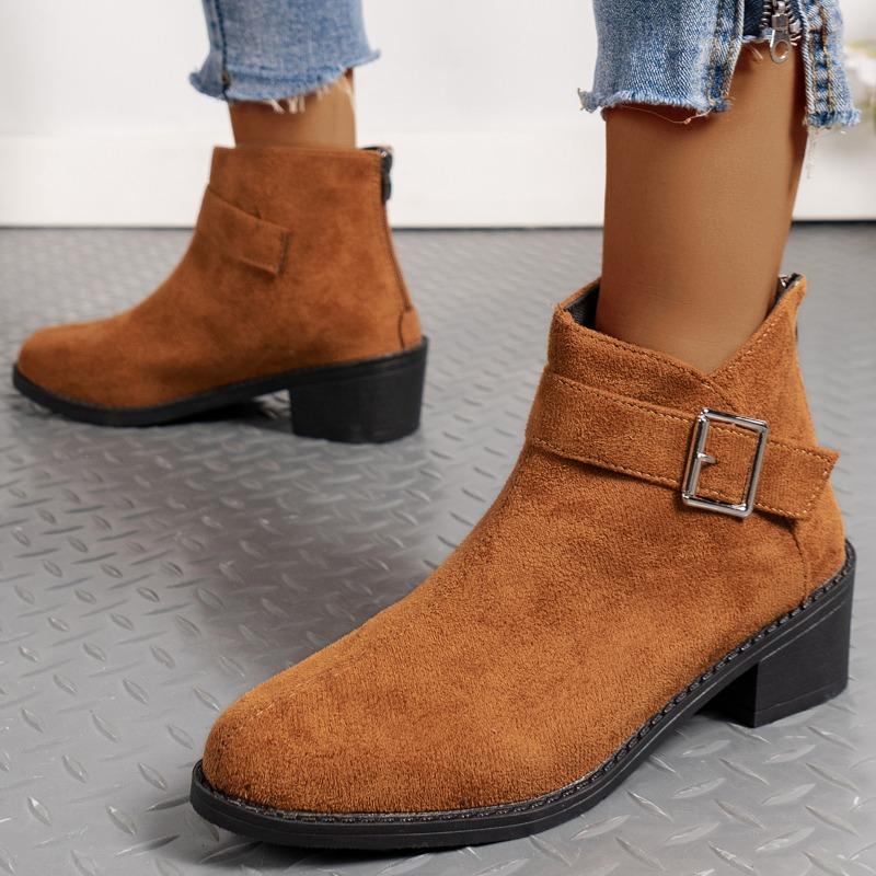 Fashion Women Pointy Buckle Ankle Boots Autumn Comfortable Low Heeled Short Boots Woman Fashion Suede Leopard Chunky Heel Chelsea Boot