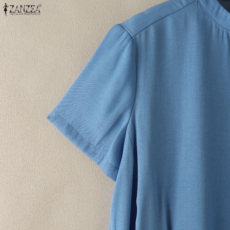 ZANZEA Women Casual Round Neck Solid Color Short Sleeve Blouse