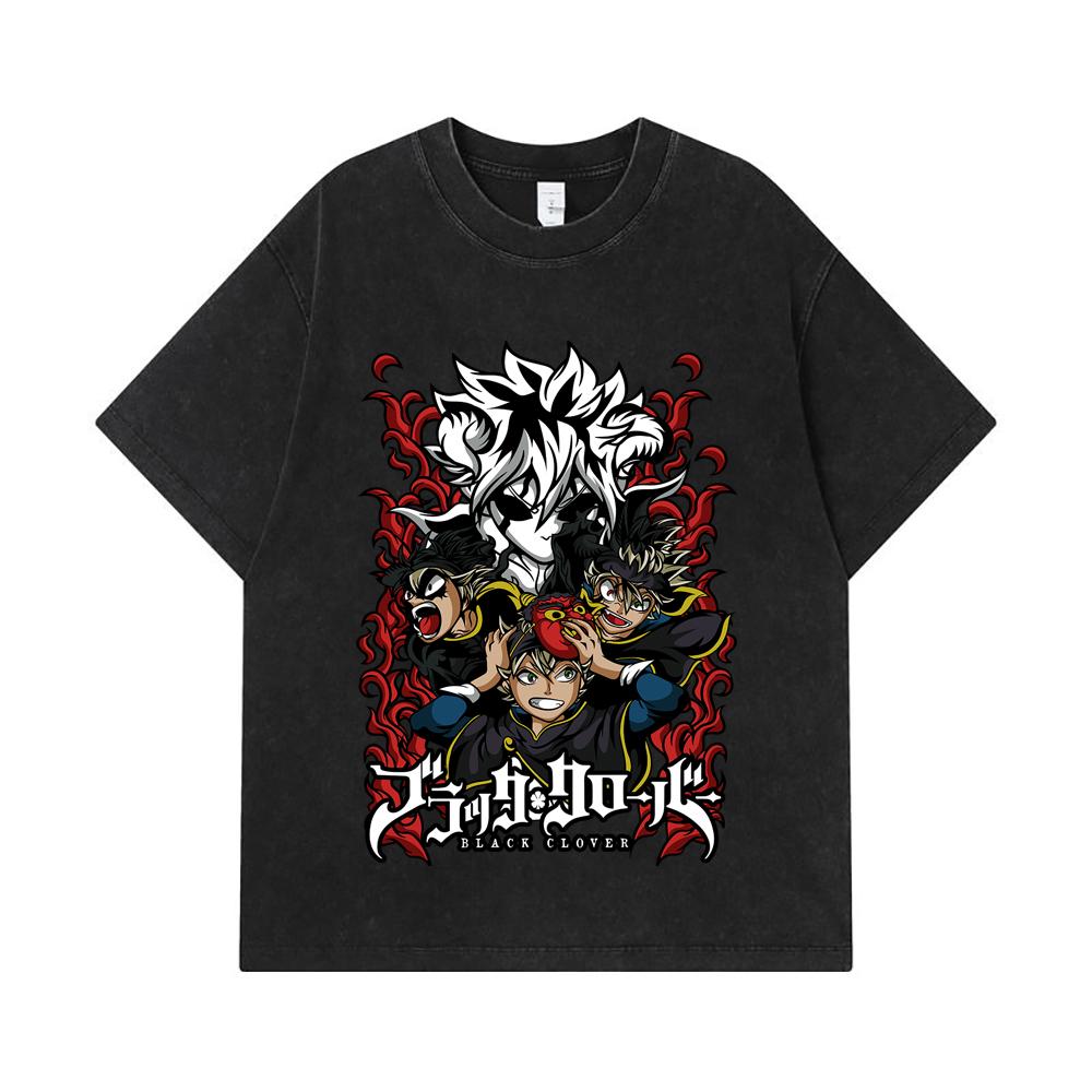 275 GSM Washed T-shirts 100% Cotton Black Clover V9 Print Unisex Heavy Cotton T Shirt