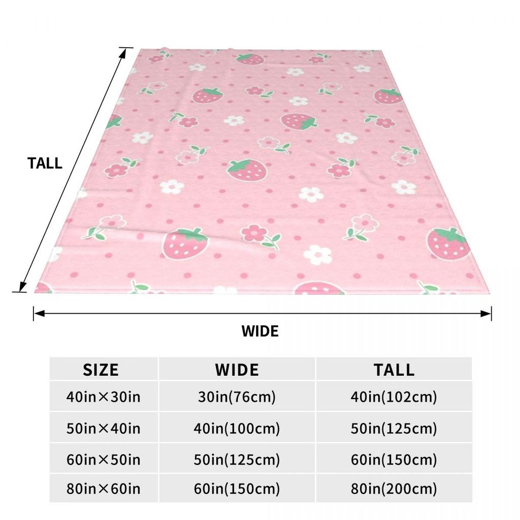 Strawberries Pink Flowers Dots Kawaii Blanket Cover Velvet Cute Pastel Sakura Soft Throw Blanket for Airplane Travel Bedspread