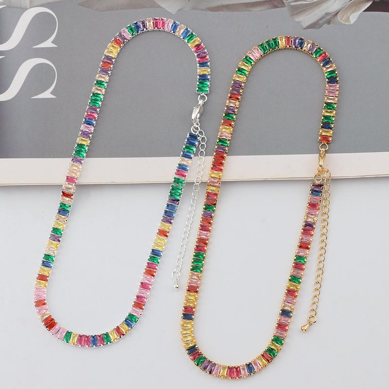Women's Gold Colorful Choker Necklace Shiny Rainbow Crystal Zircon Tennis Chain Statement Jewelry Dropshipping