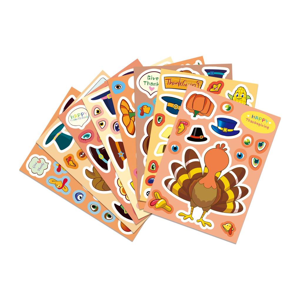 8 Styles/package Thanksgiving Turkey Face Change Stickers DIY Cartoon Cute Festival Make A Face Puzzle Sticker