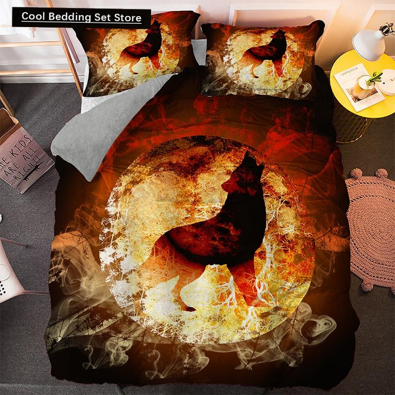 Bettwäscheset mit Weißwolf-Muster Tier Bettbezug Queen King Full Size Bettwäscheset Herren Weiche Polyester Bettdeckenbezug Schwarz Grau
