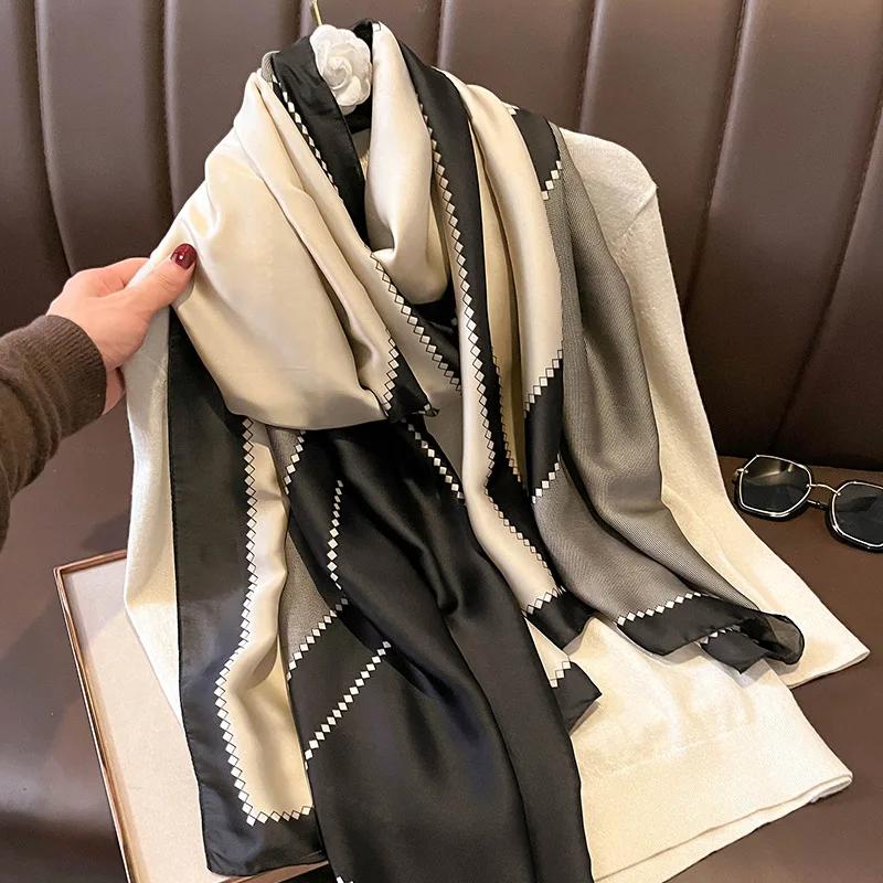Fashion Printed Stripe Shawl Imitation Silk Satin Scarf Women Lightweight Scarves Outdoor Sunscreen Muffler Hijab 180*85Cm