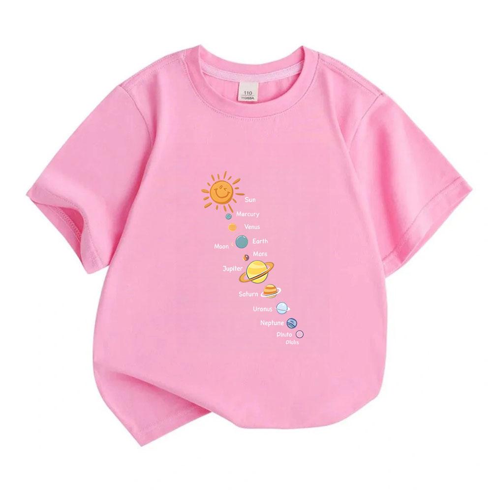 Kids Boys Girls 100% Cotton Crew Neck Short Sleeve T-Shirt, Cute Cartoon Solar System Sun Planets Print Casual Soft Breathable Tee for Children Daily