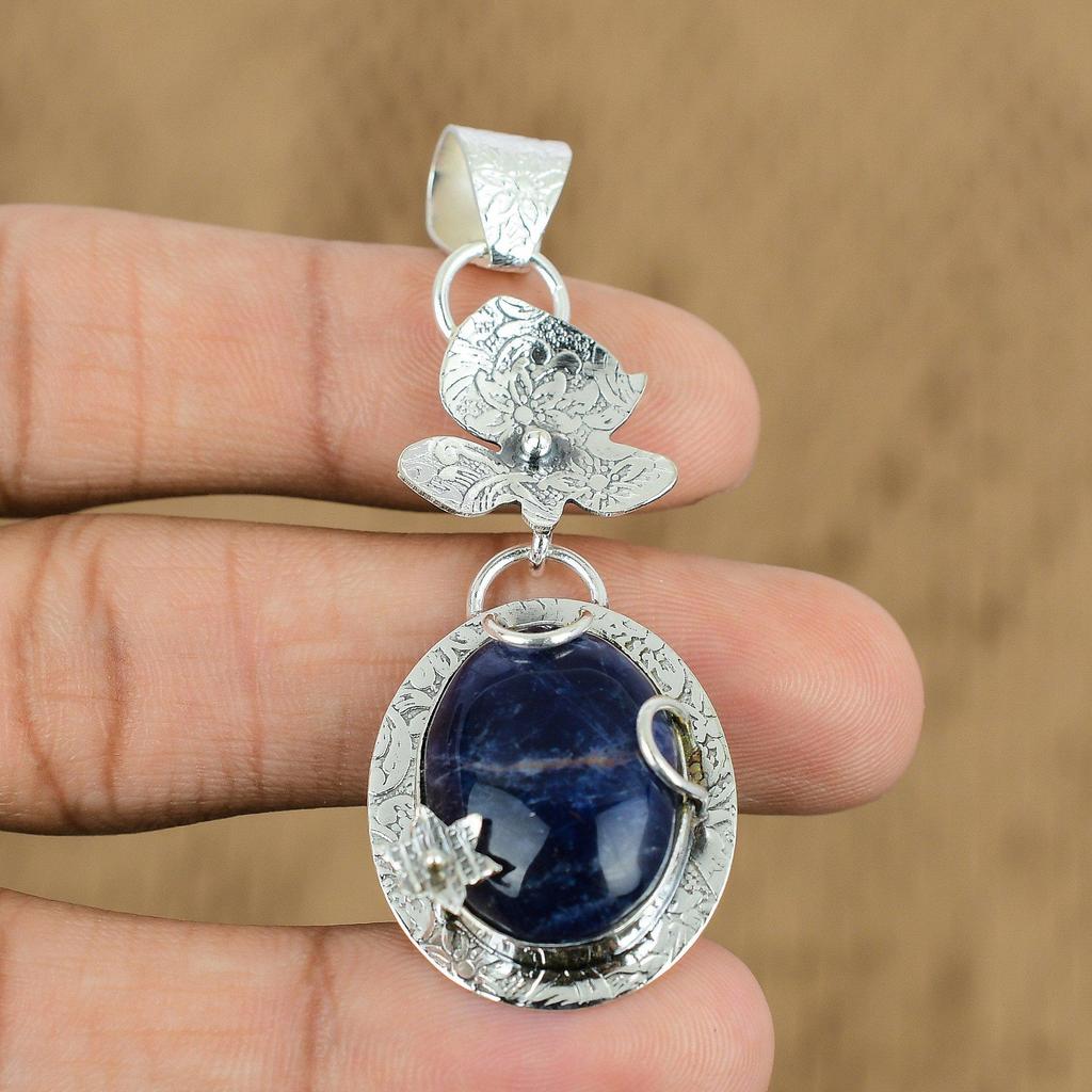 Natural Sodalite Gemstone Indian Jewelry 925 Sterling Silver Pendant For Girls
