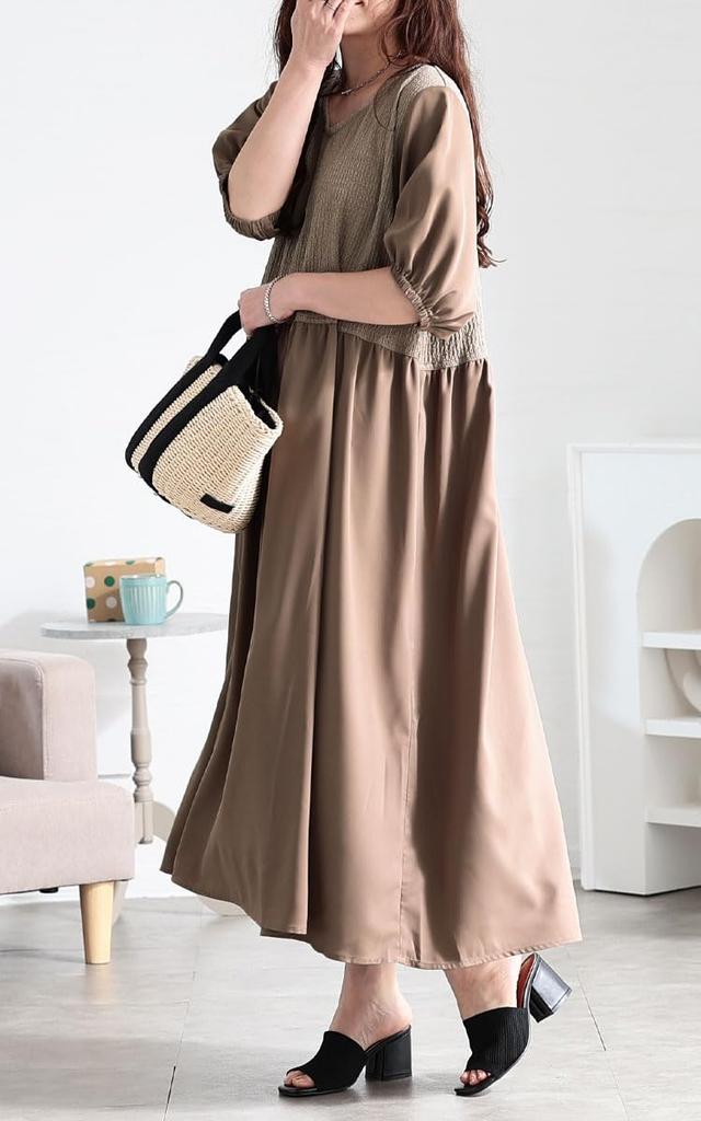 Gold Japan Plus Size Perfect for and Size Beige Fem-586 Women's Dress, Long, V-Neck, Docking, 5/8 Sleeves, Flared, Summer, Autumn, Spring, LL,