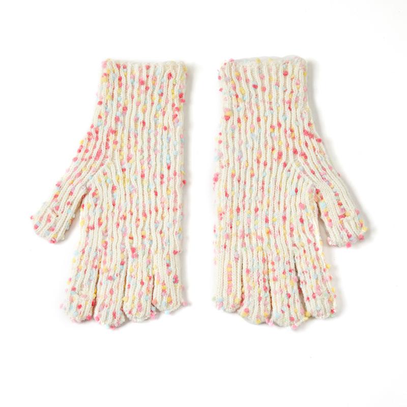 New Knitted Gloves for Women with Velvet Candy Color Warm and Cold-proof Fashion Finger Revealing Korean Gloves